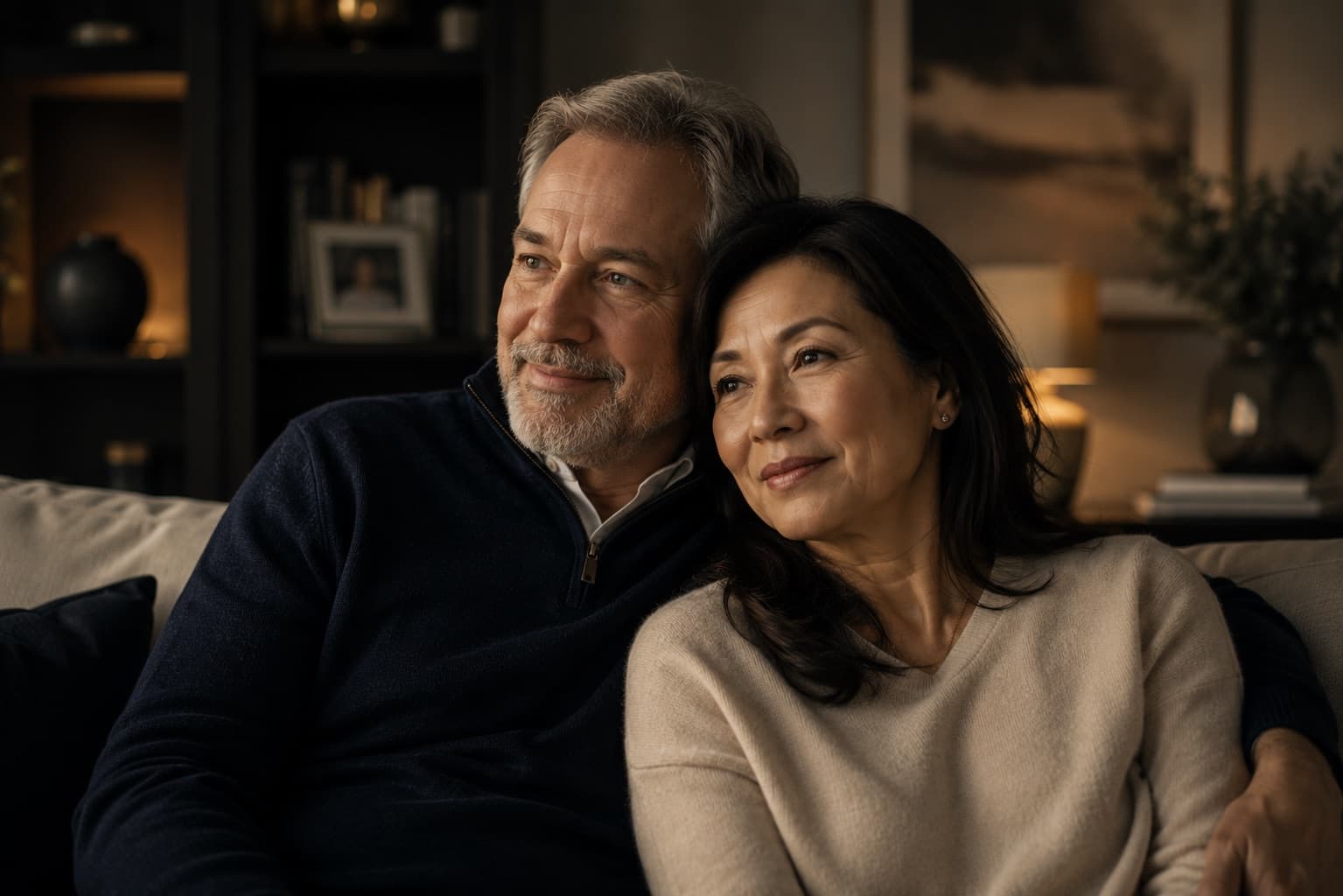 A couple sitting close on the sofa in the evening, looking ahead thoughtfully
