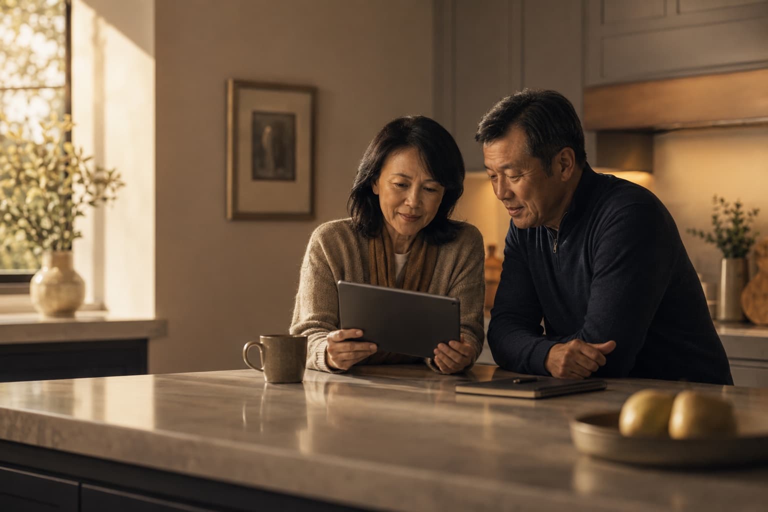 A couple reading something together on a tablet at their kitchen counter in the morning