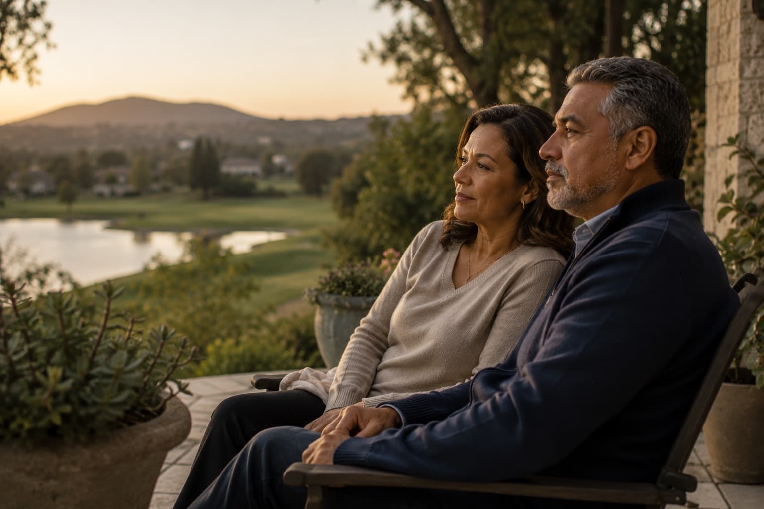 A couple sitting together on their patio at dusk, looking out over the water