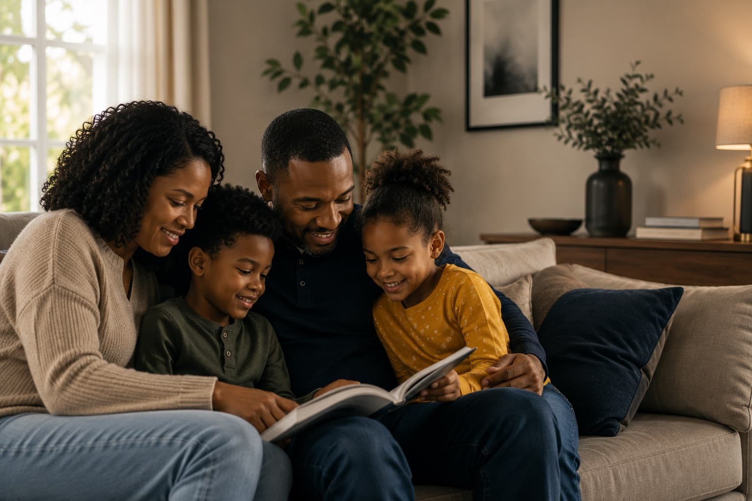 Parents and their two children looking at a book together on the sofa in warm lamplight