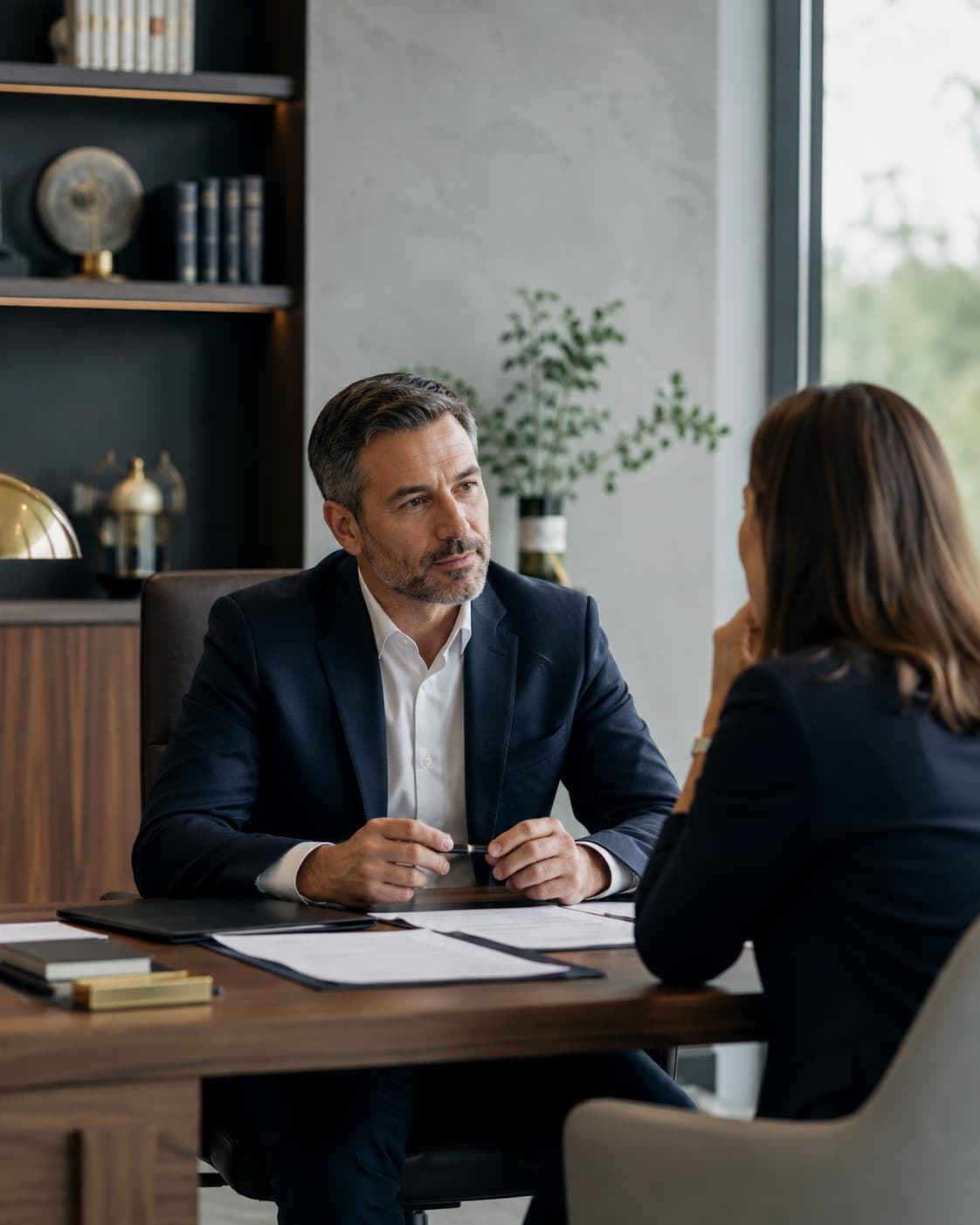 An advisor explaining options to a client at a desk
