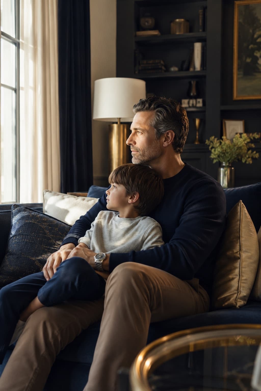 A father and his young son at home, looking toward the window