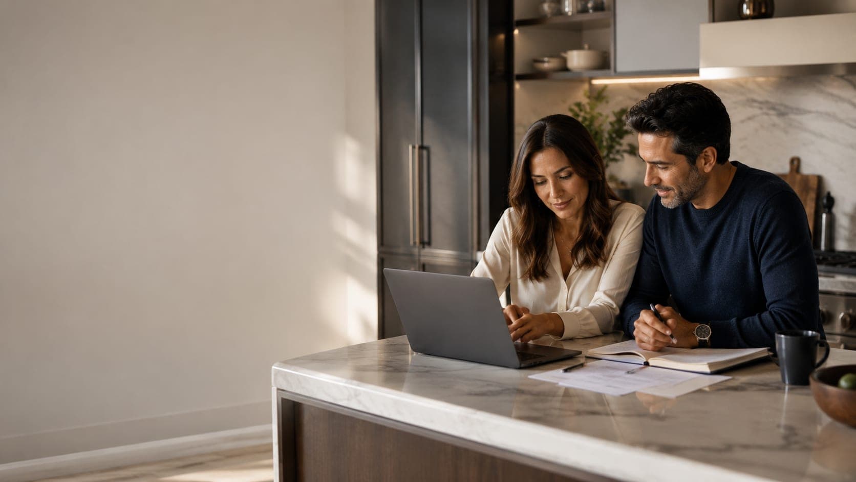 A couple reviewing their finances on a laptop together at their kitchen island