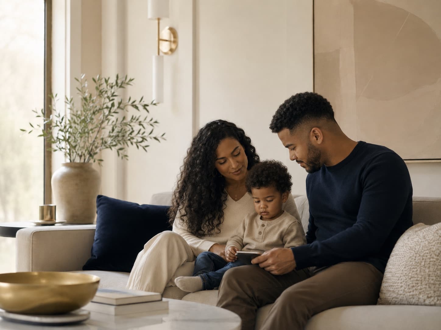 A family with their young child together on the sofa at home