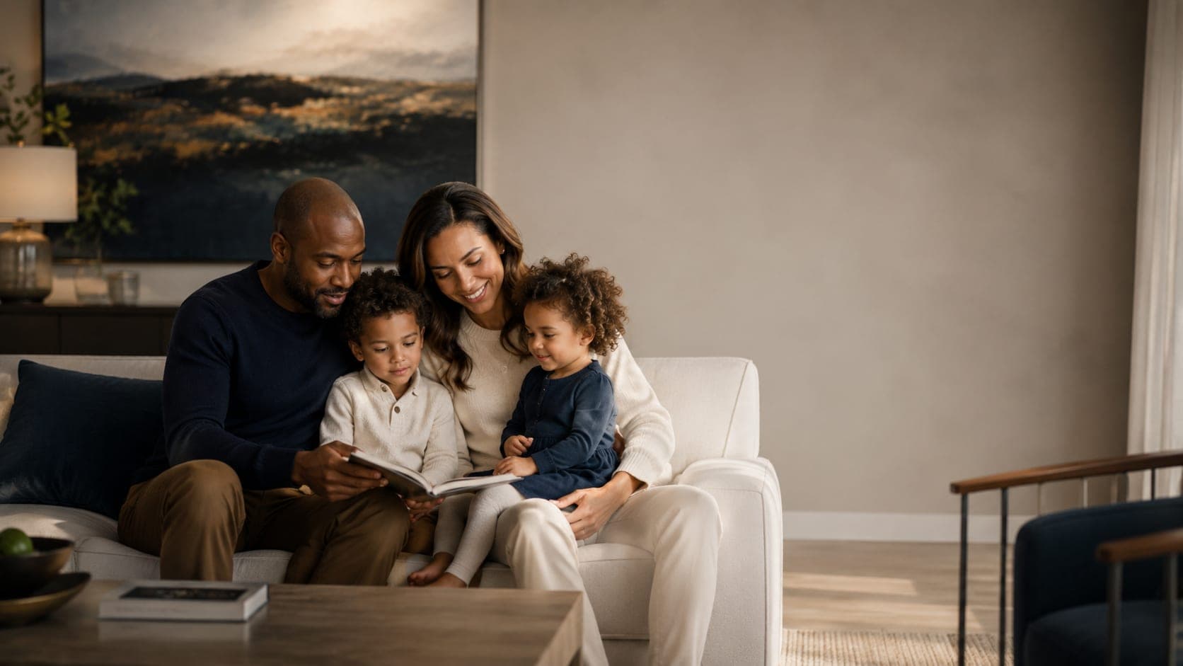Two parents and their two young children reading together on the sofa at home