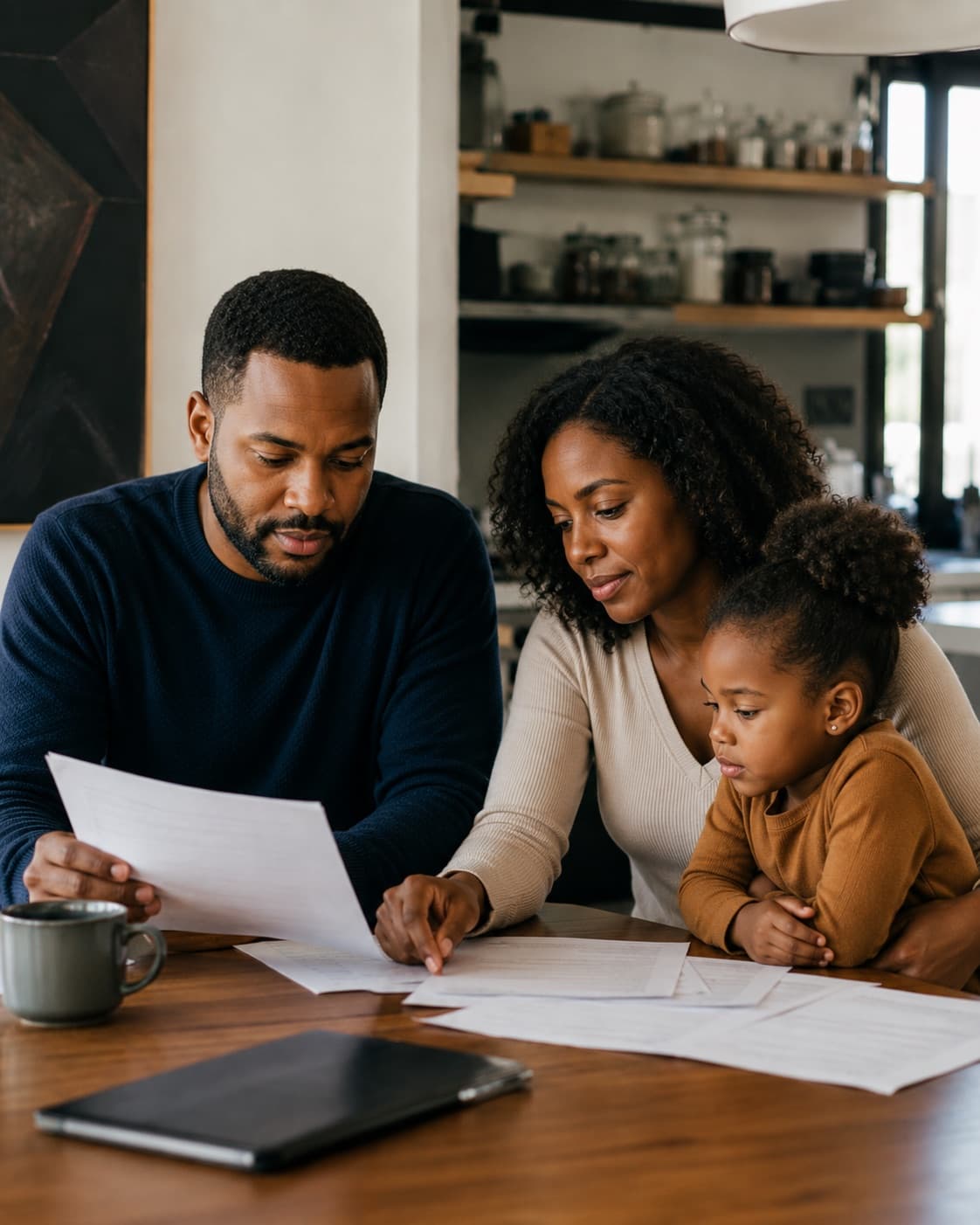 Parents and their child reviewing paperwork together at home