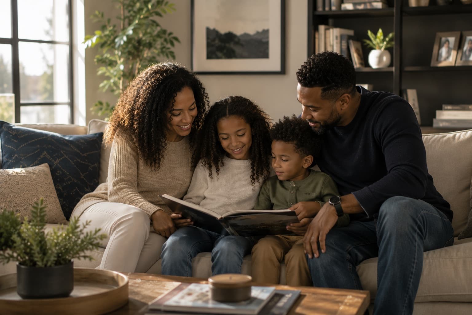 A family of four reading a book together on the sofa in a sunlit living room