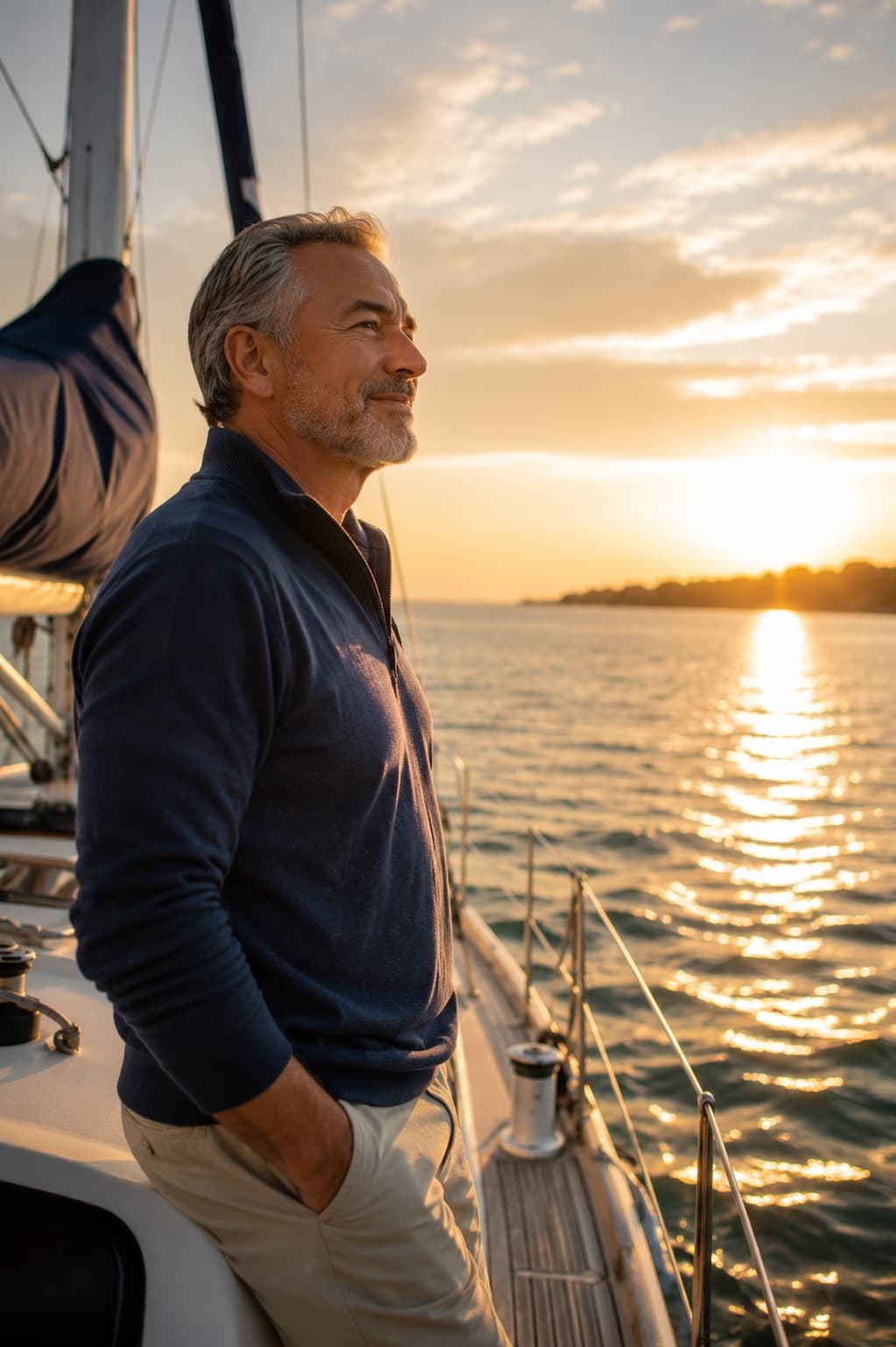 A man standing at the rail of a sailboat at sunset, looking out across the water